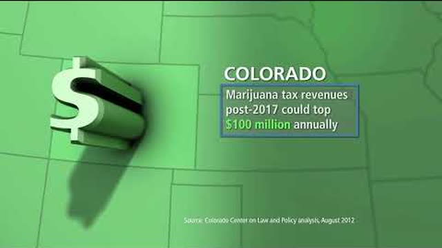 Still from the ad: a dollar sign over a map of Colorado, with the words Marijuana tax revenues post-2017 could top 100 million dollars annually