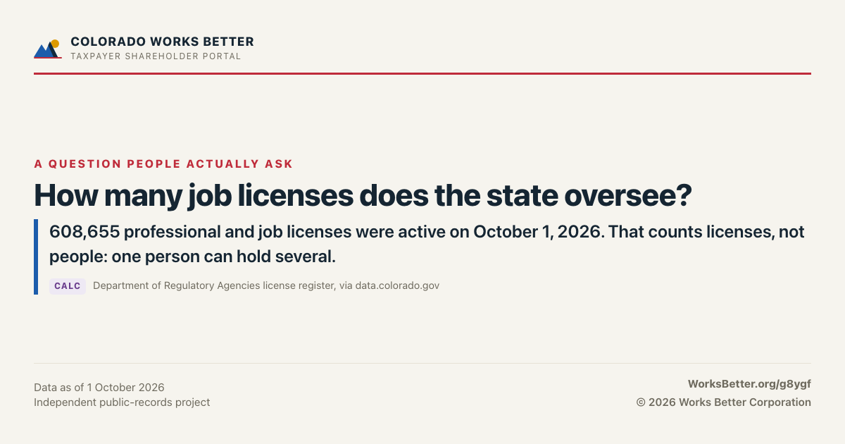How many job licenses does the state oversee? — 608,655 professional and job licenses were active on October 1, 2026. That counts licenses, not people: one person can hold several.