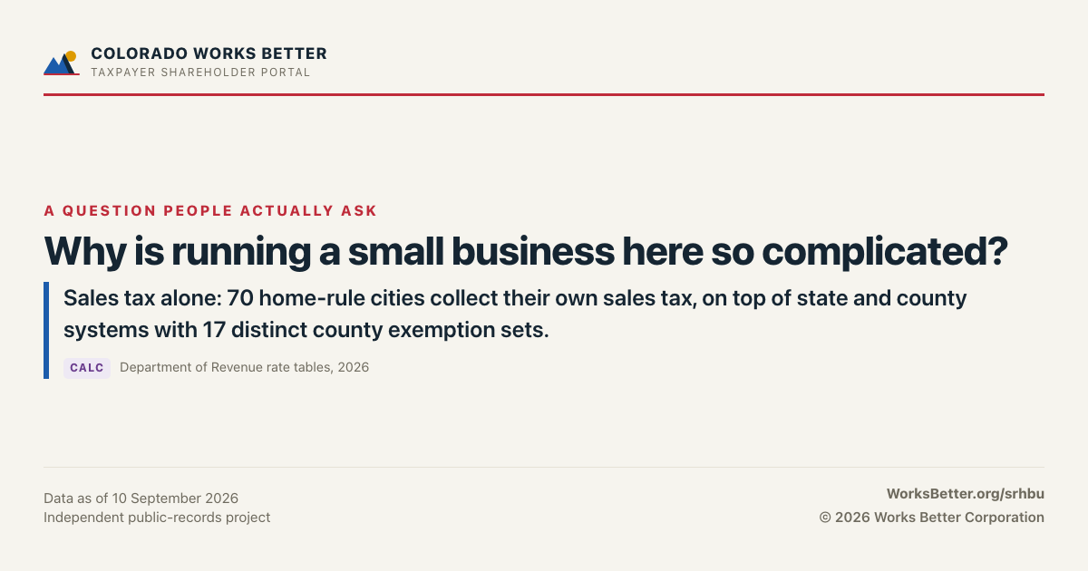 Why is running a small business here so complicated? — Sales tax alone: 70 home-rule cities collect their own sales tax, on top of state and county systems with 17 distinct county exemption sets.
